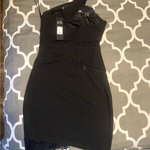 Fashion Nova Black One-Shoulder Dress with Lace